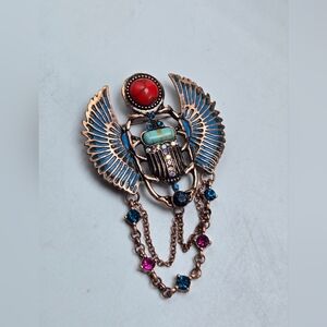 Rhinestone Scarab Brooch Egyptian Revival Copper Tone Pinback Button Fashion